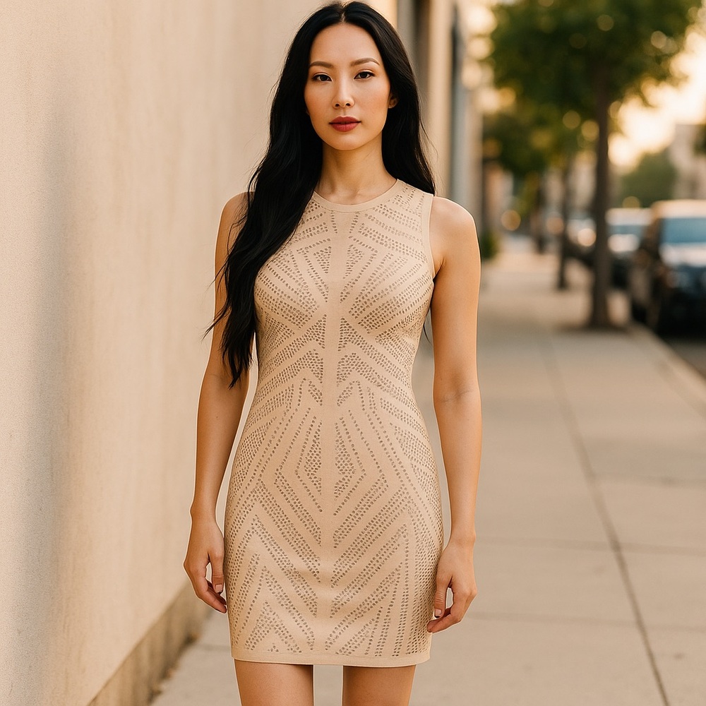 GREYLIN Anthropologie Cream Sleeveless Gold Rhinestone Dress Size Small